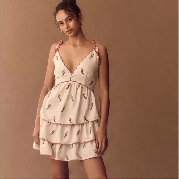 Farm Rio x Anthropologie Sleeveless Embroidered Linen Tiered Mini Dress - Picture 1 of 6